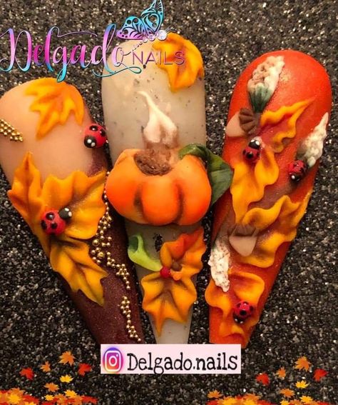 Fall 3d Nail Art, Halloween 3d Nail Art, Fall 3d Nails, Fall 3d Nail Designs, 3d Fall Nails, Nail Halowen, 3d Halloween Nails, Christmas Nail Designs Acrylic, Holloween Nails