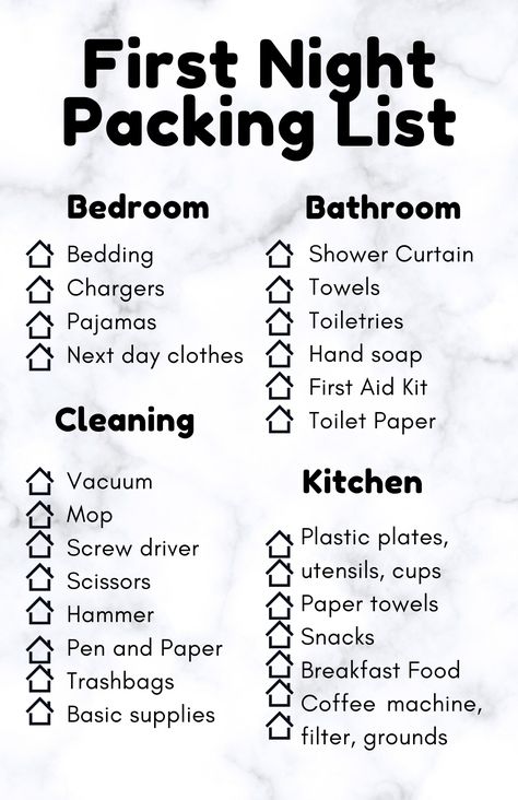 checklist for first night after moving Moving Bathroom Items, House Packing Tips Moving, Organisation, Packing Quickly Moving Tips, Packing Tips Moving Out Of State, Things You Need To Move Out, Move In New House, Things To Get Before Moving Out, Moving Out Ideas