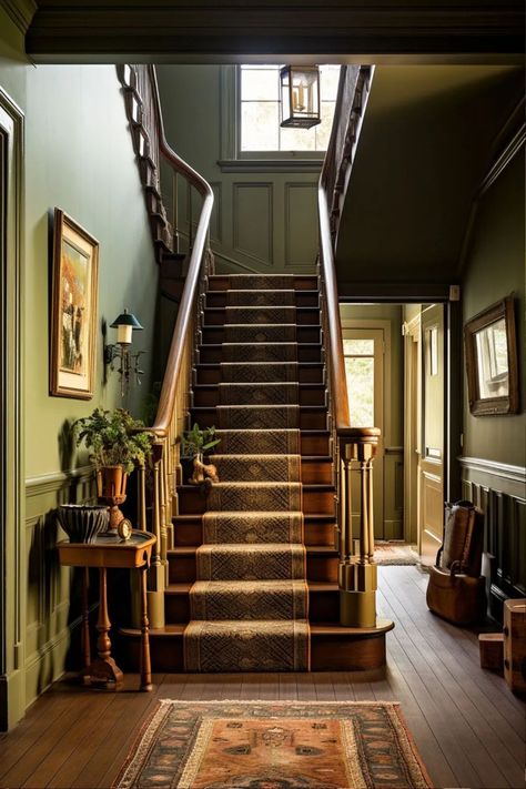 Old Home Interiors, Dark Colonial Living Room, Vintage Cabinets Living Room, Victorian Homes Living Room, Dark Academia Entryway, Jade Green Living Room, Green Paint Living Room, Old Homes Interior, Farrow And Ball Treron