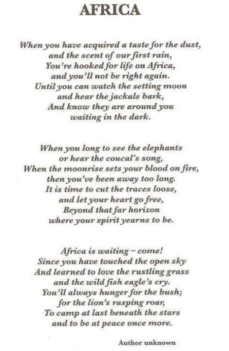 Whereever yo uare in teh world, once the dust of Africa seeps into your blood, you'll always hear the call of this magnificent continent. African Poems, Africa Quotes, African Quotes, African Proverb, Poems Beautiful, Out Of Africa, Southern Africa, African Culture, African Safari