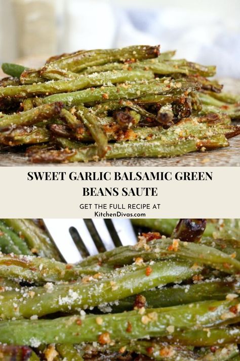 Collage of sweet garlic balsamic green beans on plate at top and closeup shot of green beans at bottom. Fresh String Beans Recipe, Green Beans From A Can, Balsamic Green Bean Recipes, Steamed Green Bean Recipes, French Green Bean Recipes, Frozen Green Bean Recipes, Glazed Green Beans, Cooking Frozen Green Beans, Slow Cooker Vegetable Recipes