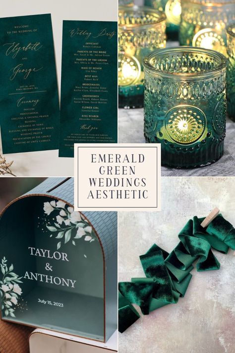 Fall Wedding Decorations for an Emerald Green Wedding Color Palette - When it comes to a romantic wedding, there are plenty of gorgeous emerald green wedding decorations that you can use to create the perfect aesthetic. With greens ranging from earthy to jewel tones, you can easily mix and match these shades to your heart’s content — not unlike the greenery in a bouquet! Find the best moody fall wedding decor for your emerald green themed ceremony and reception all in one spot! Featuring gradient green candles, a variety of fall wedding centerpiece options, emerald green cake toppers, printable wedding menus and more, this guide to emerald green wedding decor has it all!  Follow for more wedding planning advice, including green wedding cake inspiration, bridesmaid's dresses, and more! Emerald Green Wedding Decorations, Emerald Green Cake, Emerald Green Wedding Decor, Green Wedding Color Palette, Cake Toppers Printable, Green Wedding Decor, Moody Fall Wedding, Green Wedding Decorations, Green Candles