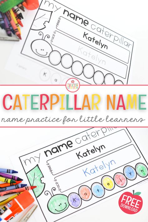 Caterpillar Name Activity - Mrs. Jones Creation Station Montessori, Pre K Small Group Organization, Caterpillar Template, Preschool Portfolio, Kindergarten First Week, Name Activities Preschool, Name Activity, Kindergarten Names, Literacy Activities Preschool