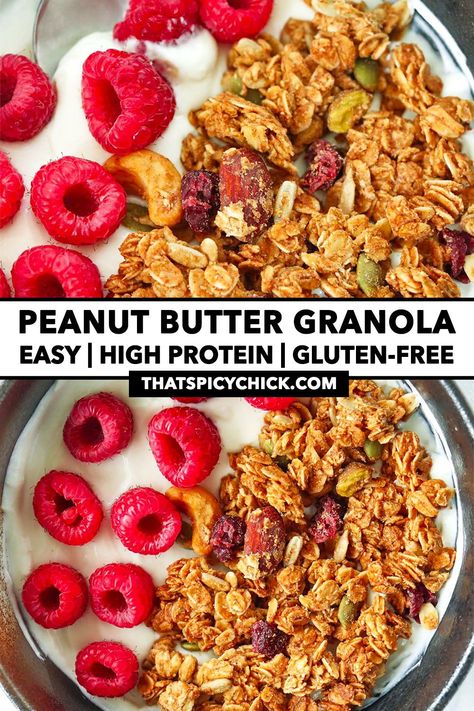 Easy to make and full of large crispy clusters, this Peanut Butter Granola is downright delicious! It’s made with oats, nuts, seeds and coated in an irresistible peanut butter and maple syrup blend! #granola #breakfast #healthy #mealprep #glutenfree #baking #peanutbutter #highprotein #homemadegranola #easybreakfast #homemade #oatsforbreakfast | That Spicy Chick Granola Clusters, Protein Granola, Peanut Butter Granola, Granola Breakfast, Travel Snacks, Oats Breakfast, Breakfast Healthy, Healthy Peanut Butter, Granola Recipes