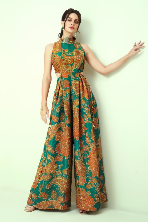 Shop for Taavare Blue Tissue Organza Floral And Paisley Print Jumpsuit for Women Online at Aza Fashions Printed Indian Dress, High Waist Kurti, Floral Print Jumpsuits For Women, Saree Jumpsuit Outfit, Jumpsuit From Saree, Tissue Fabric Dress Design, Stylish Party Wear Indian Dresses, Floral Print Dress Indian, Indian Fabric Prints