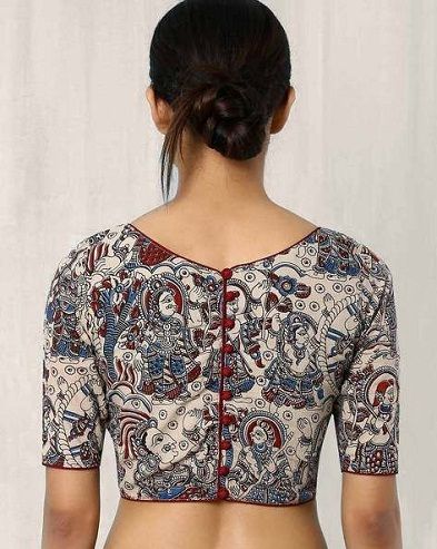 15 High Fashion Printed Blouses with Trendy Neck Designs Haute Couture, Blouse Design For Printed Saree, Blouse Designs For Printed Sarees, Round Neck Back Blouse Design, Block Print Blouse Designs, Kalamkari Blouse Designs Cotton Saree, Pen Kalamkari Blouse Designs, Blouse Designs Kalamkari, Ethnic Blouse Designs