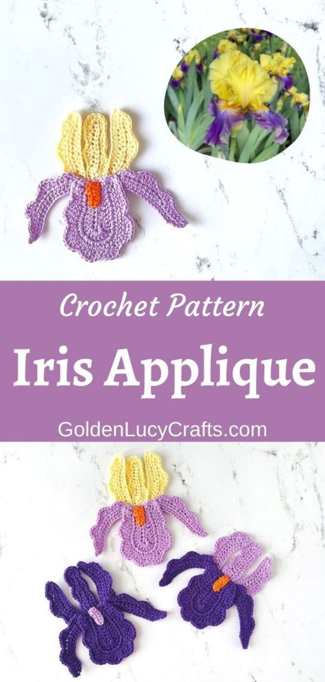 Crochet iris flower applique on top, three crochet iris flowers in the bottom. Amigurumi Patterns, Iris Crochet Pattern, Crochet Cute Applique Patterns Free, Crochet Plant Applique, Crochet Decals Applique Patterns, Crochet Iris Flower Pattern Free, Crochet Appliques Free Pattern, Crochet Flower Applique Free Pattern, Crochet Flower Applique Pattern