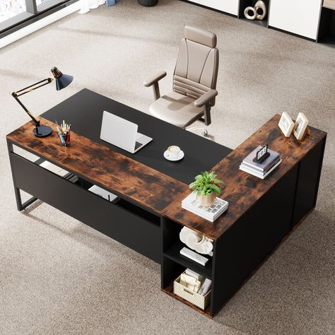 17 Stories 70.86'' Desk & Reviews | Wayfair Black And Wood Office Decor, Modern Rustic Office Design, Modern Desk Ideas, Mens Office Decor, Small Business Home Office, Man's Office, Office Decor Masculine, Men’s Office, Wfh Setup