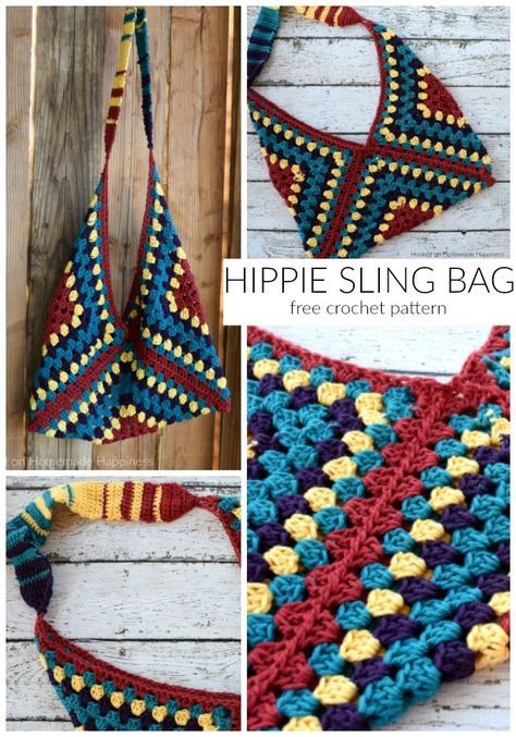 The Hippie Sling Crochet Bag Pattern is my new favorite thing! It's such a fun shape, the colors are bright, and it's easy! So many different color combinations would be super cute for this bag. I wrote the pattern for 4 colors, but you can easily make this pattern your own! Crochet Hippy Bag Pattern, Boho Crochet Bags Patterns, Free Crochet Boho Bag Patterns, Crochet Boho Bag Pattern Free Granny Squares, Crochet Bag Closure Ideas, Free Crochet Granny Square Purse Patterns, Hippy Crochet Patterns, Sling Bag Crochet Free Pattern, Hippie Sewing Patterns