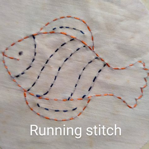 Fish is worked in two colours of running stitch. Running Stiches Design, Running Stiches Embroidery Patterns, Embroidery Running Stitch Designs, Whipped Running Stitch Design, Embroidery Designs Running Stitch, Running Stitch Embroidery Design Ideas, Embroidery Running Stitch, Running Stitch Embroidery, Stitch Drawing