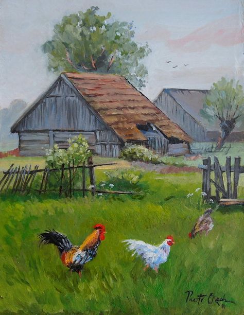 Acrylic Painting Farm Animals, Old Farm Paintings, Country Scenes Farms Landscapes, Farm Painting Landscape, Farm Animals Paintings, Country Landscape Paintings, Farm Landscape Painting, Farm Scene Painting, Farm Drawing