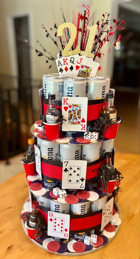 Mans 21st Birthday Ideas, Beer Can Birthday Cakes For Men, Casino 21st Birthday Cake, 21 Birthday Men Party Ideas, Guy Cakes Birthday Ideas, Men 21st Birthday Party Ideas, His 21st Birthday Ideas Boyfriends, Alcohol Cake Tower For Guys, 25th Birthday Ideas Him