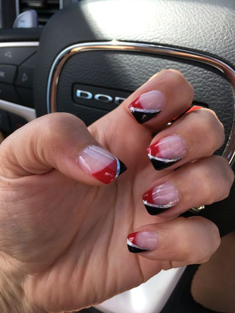 Red Black And White Football Nails, Red Or White Nails, Red And Black Dip Powder Nails, Red And Black French Tip Acrylic Nails, Red White And Black Nails Ideas, Red Black And Grey Nails, Red Black French Tip Nails, Star Nails Red And Black, Black And Red Tip Nails