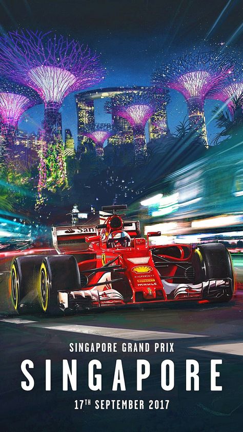 Scuderia Ferrari's stunning poster for the 2017 Singapore Grand Prix, Formula 1's night race on the beautiful Marina Bay street circuit. Artwork by Marco Mastrazzo. #F1 #Formula1 #SingaporeGP #MarinaBay #ScuderiaFerrari #Affiche Singapore Grand Prix, Auto Racing Posters, Singapore Gp, Vintage Racing Poster, Grand Prix Posters, Ferrari Poster, Auto Racing Events, Motorsport Art, F1 Art