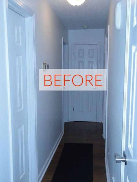 Make Your Dark Hallways Brighter With These 9 Clever Ideas.  Note the one with board and batten walls. Brighten Dark Hallway, Bedroom Hallway Ideas, Dark Hallway Ideas, Hallway Wall Colors, Dark Hallways, Decorating Hallways, Long Narrow Hallway, Hallway Wall Decor Ideas, Hallway Paint Colors