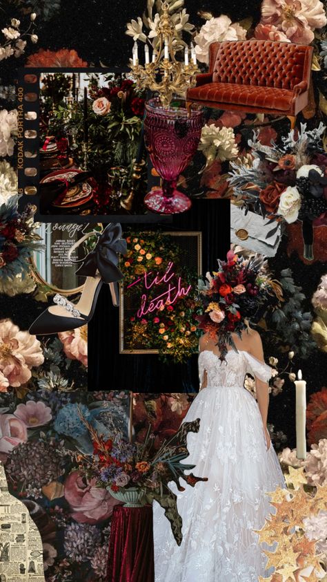 wedding mood board 1 🖤 #myfirstshuffle #wedding #moody #inspo #vintage #romantic #gothic Dark Wedding Mood Board, Dark Moody Wedding Ceremony, Black And Moody Wedding, Romantic Moody Fall Wedding, Moody Beach Glam Wedding, Moody Romantic Garden Wedding, Neutral Moody Wedding, Gothic Fall Wedding Colors, Moody Wedding Ceremony Backdrop