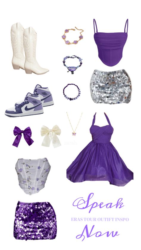 this pin contains a dark purple flow dress, silver sequin skirt and a purple skin skirt along with a dark putpkr corset and white strapless corset with luttle purple flowers. It also has a purple and white silk bow, purple air jordon 1’s white cowboy boots, a butterfly necklace, 2 taylor soft friendship bracelets in the speak now theme and a purple and gold bracwlf Speak Now Outfits, Eras Tour Outfits, Taylor Outfits, Taylor Swift Tour Outfits, Taylor Swift Speak Now, Swift Tour, Tour Outfits, Taylor Swift Outfits, Speak Now