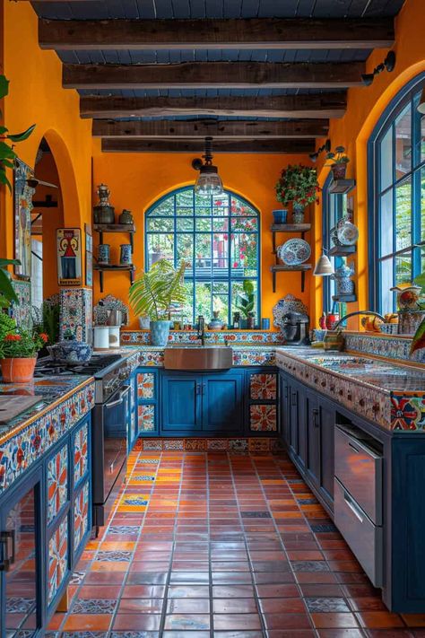 Mexican Farmhouse Decor Tips | Green Snooze Mexican Tiles Bathroom, Mexican Esthetic Home, Talavera Home Decor, Mexican Talavera Kitchen, Mexican Kitchen Design, Talavera House, Mexican Farmhouse Decor, Mexican Farmhouse, Mexican Tile Kitchen