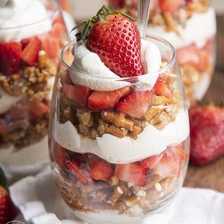 Strawberry Pretzel Parfait - Like Mother, Like Daughter Pretzel Parfait, Sweet Pretzels, Pretzel Dessert, Strawberry Pretzel Dessert, Pretzel Desserts, Dessert Parfait, Strawberry Pretzel, Strawberry Whipped Cream, Parfait Desserts