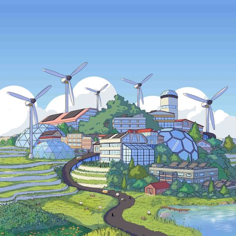 Eco City Concept Art, Solar Punk Environment, Solar Punk Building, Eco City Concept Architecture, Eco City Illustration, Worldbuilding Concept Art, Utopia Concept Art, Solar Punk Concept Art, Science Fiction Architecture