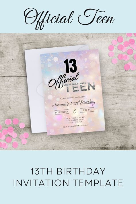 Official Teenager Invitation, 13th Birthday Party Invite, Thirteenth Birthday Girl, Pink Peach Sparkle 13th Birthday Party, 13th Birthday Invitations, Bithday Party, Thirteenth Birthday, Happy 13th Birthday, Invite Ideas, Bday Invitations, 13th Birthday Parties, Birthday Party Invite