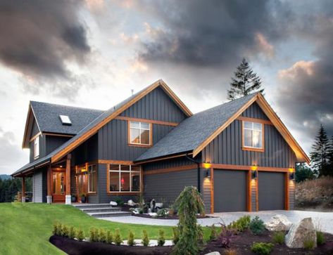 Beautiful Barndominium Exterior, Cedar Siding Exterior Accent Wall, Wood Trim On Exterior Of House, Blue House With Wood Trim, Black House Natural Wood Trim, New Siding On House Exterior Colors, Blue Wood Siding Exterior, Light Gray Exterior With Wood Accents, Blue And Wood Exterior House