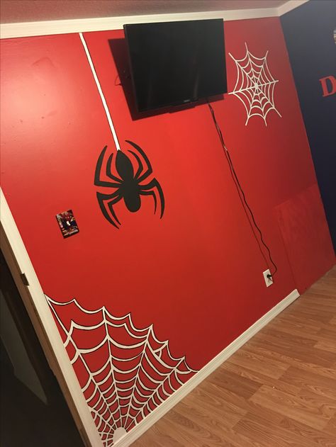 Spiderman Room Paint Ideas, Spider Man Diy Decorations Room, Spider Man Bedroom Ideas Diy, Spider Man Furniture, Spiderman Wall Mural, Spiderman Bedroom Wall, Spiderman Wall Art Diy, Diy Spiderman Bedroom Decor, Spider Man Themed Room