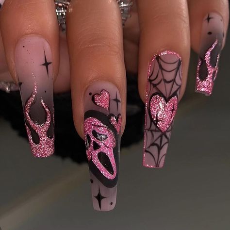 Pink Spooky Nails, Nails Design Easy, Edgy Nail Art, Holloween Nails, Matte Pink Nails, Tips Nails, Trends Nails, Easy Nails, Cute Halloween Nails