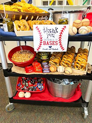 School Staff Breakfast Ideas, Teacher Lounge Treat Ideas, Teacher Appreciation Week Snack Cart, Pto Snack Ideas, Snack Cart Teacher Appreciation, Staff Snack Station, Teacher Treat Trolley, Teacher Treat Cart Ideas, Halloween Snack Cart For Teachers