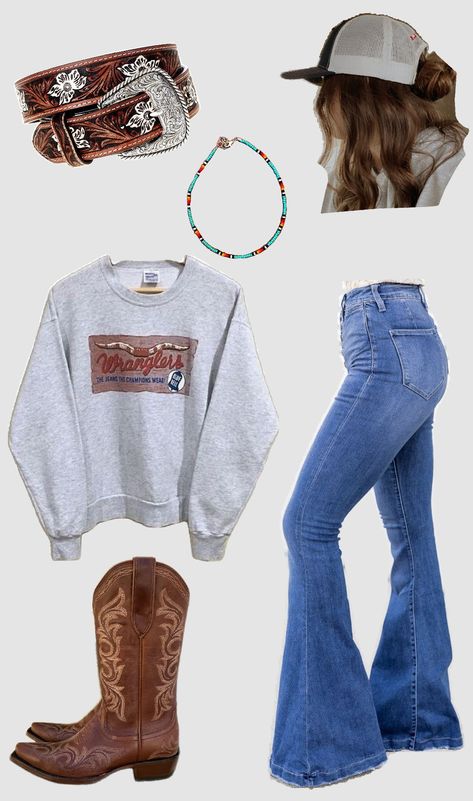 #outfit #inspo #clothes #country #countrygirl #wrangler Cowgirl Cute Outfits, Cute Outfits With Bootcut Jeans Country, Cowgirl Clothes Western, Texas Concert Outfit, Long Sleeve Country Outfits, Western Outfits Women Leggings, Wrangler Women's Outfit, Wrangler Jean Outfits, Hoodie And Jeans Outfit Western