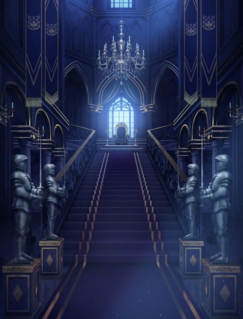 Blue Throne Room Fantasy Art, Kings Throne Room, Gacha Throne Background, Kingdom Anime Background, Anime Throne Room, Royal Background Aesthetic, Golden Throne Room Fantasy Art, Dark Throne Room Fantasy Art, Fantasy Castle Throne Room