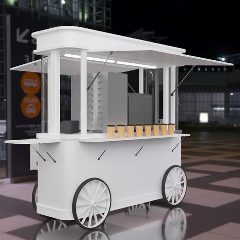 Stainless steel coffee cart mobile drink trolley used on street Mobile Concession Stands, Coffee Trolley, Outdoor Kiosk, Drink Trolley, Food Stand Design, Trolley Design, Coffee Booth, Mobile Kiosk, Mobile Coffee Cart