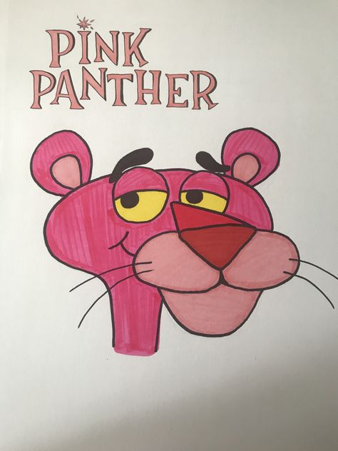 no stencils used:) easy handmade pink panther cartoon art with lettering Pink Panter Drawings, Pink Panther Drawing Easy, Pink Panther Sketch, How To Draw Pink Panther, Pink Panther Drawing, Pink Panther Painting, Pink Panther Cartoon, Pink Panter