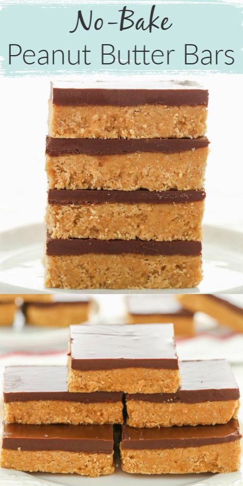 These No-Bake Chocolate Peanut Butter Bars only require 5 simple ingredients and can be prepared in about 10 minutes. The hard part is waiting for them to set. These no-bake peanut butter bars make the perfect easy dessert for chocolate and peanut butter lovers! #chocolate #peanutbutter #recipes #dessert #nobake #homemade Flan, Tiramisu Trifle, Easy Dessert Bars, Chocolate Peanut Butter Bars, Dessert Taco, Chocolate Peanutbutter, Peanut Butter Chocolate Bars, Chocolate And Peanut Butter, Butter Bars