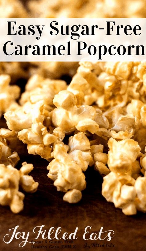 Salted Caramel Popcorn - THM E, Sugar Free, Low Fat, Gluten Free, 5 ingredients, fast and easy! My Salted Caramel Popcorn is a delight. It only takes 5 ingredients and 15 minutes to whip up a batch of this sugar-free Trim healthy mama friendly treat. #thm #trimhealthymama #glutenfree #grainfree #glutenfreerecipes #recipes #desserts #dessertrecipes #sugarfree #snacks #popcorn #kidfriendly