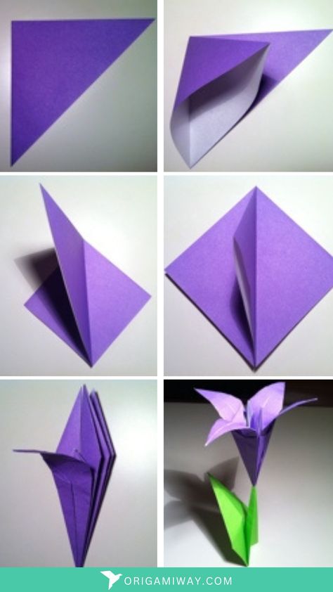 An origami paper violet iris flower Origami Flowers Instructions, Origami Flower Bouquet, Paper Origami Flowers, Easy Origami Flower, Origami Flowers Tutorial, Paper Projects Diy, Paper Flowers Diy Easy, Origami Cat, Origami And Quilling