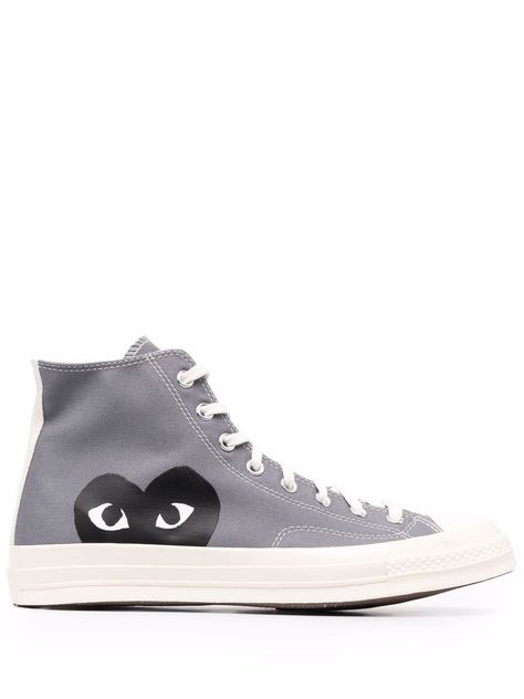 Grey Chuck 70 high-top sneakers from COMME DES GARÇONS featuring signature One Star logo, signature heart print, rubber toecap, round toe, front lace-up fastening and flat rubber sole. This item is in size 7 and the color is Grey Heart Converse, Converse Chuck 70 High Top, Converse Comme Des Garcons, Play X Converse, Tenis Converse, Chuck Taylor 70, Hightop Sneakers, Xmas List, Converse Black