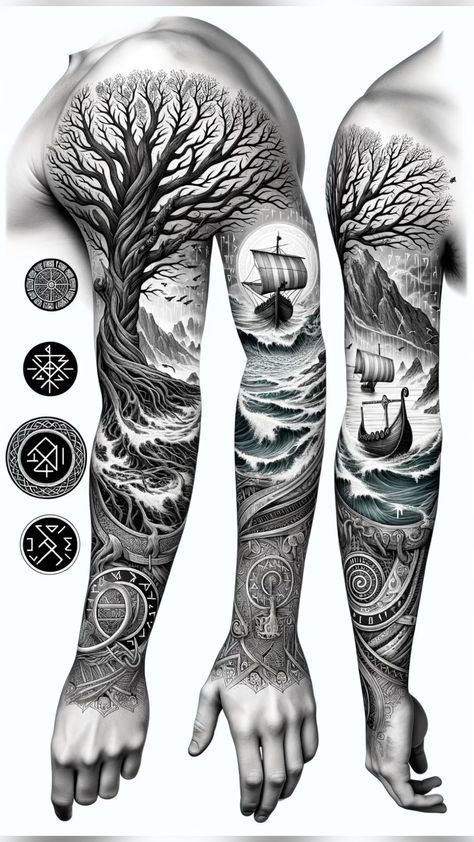 Full Sleeve Tree Tattoo, Viking Themed Tattoo, Warrior Tattoo Sleeve Men, Viking Water Tattoo, Full Arm Tattoo Men Sleeve Art Designs, Nordic Gods Tattoo, Irish Mythology Tattoo, Viking Warrior Tattoo Sleeve, Yggdrasil Tattoo Design