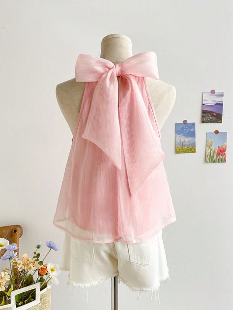 Pink Casual Collar Sleeveless Organza Plain Top Embellished Non-Stretch  Women Clothing Manche, Organdi Tops, Organza Tops Blouses, Organza Tops, Rose Bonbon, Plain Tops, Kids Beachwear, Sleeveless Blouse, Halter Neck