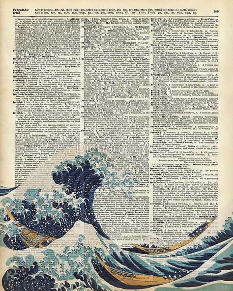 Dictionary Art - The Great Wave off Kanagawa, Sea, Waves by DictionaryArt Botanisk Illustration, Wallpaper Seni, Visuell Identitet, The Great Wave Off Kanagawa, طابع بريدي, Newspaper Art, Book Page Art, The Great Wave, Great Wave Off Kanagawa