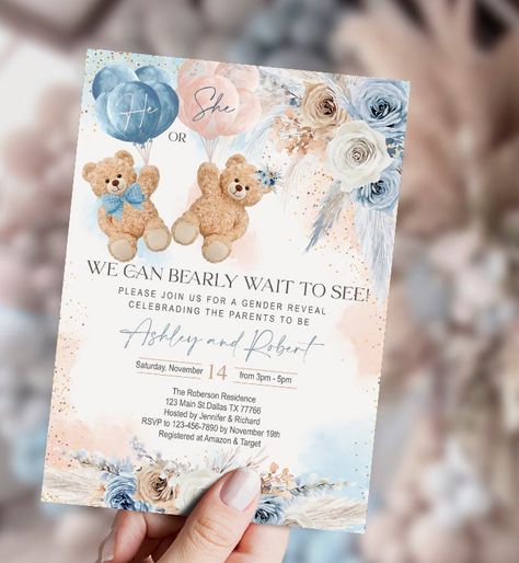 We Can Bearly Wait To See Gender Reveal, Gender Reveal Themes Teddy Bear, Gender Reveal Bear Invitations, Gender Reveal We Can Bearly Wait, We Can Bearly Wait Gender Reveal Invitations, Nearly Wait Gender Reveal, Bear Theme Gender Reveal Ideas, He Or She We Can Bearly Wait To See, Gender Reveal Bearly Wait