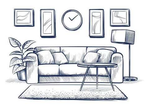 Sketch interior. Doodle living room with sofa, cushions and picture frames on wall. Freehand drawing home vector stock illustration Sofa Drawing, Interior Design Sketchbook, Drawing Furniture, Seni Pastel, Furniture Sketch, Perspective Drawing Architecture, Furniture Design Sketches, Interior Architecture Drawing, Interior Design Renderings