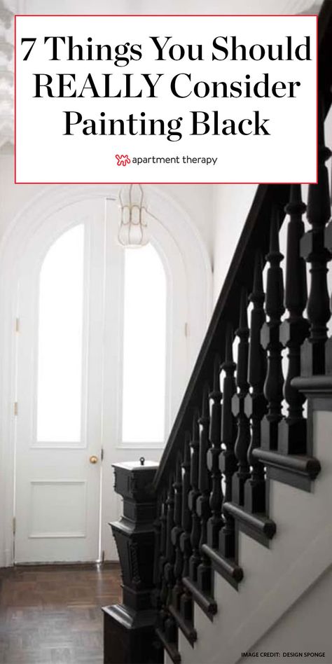 Black Painted Stairs, Whimsy Goth Bedroom, Woman Bedroom Ideas, Grown Woman Bedroom Ideas, Weekend Painting, Black Stair Railing, Black Staircase, Things To Paint, Whimsy Goth