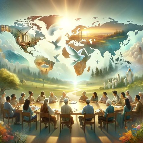 Image 1: A diverse group of people gathered around a world map, symbolizing the act of making disciples of all nations. They are engaged in a discussion, with a peaceful and collaborative atmosphere. The image conveys a sense of unity and purpose, representing the communal aspect of Christianity. A soft light surrounds them, suggesting the comforting presence of Jesus. Image 2: A serene... Jesus And Disciples, Unity In Art, Diverse Group Of People, Mission Images, Jesus Love Images, Christian Background Images, Jesus Image, Disciples Of Jesus, Making Disciples