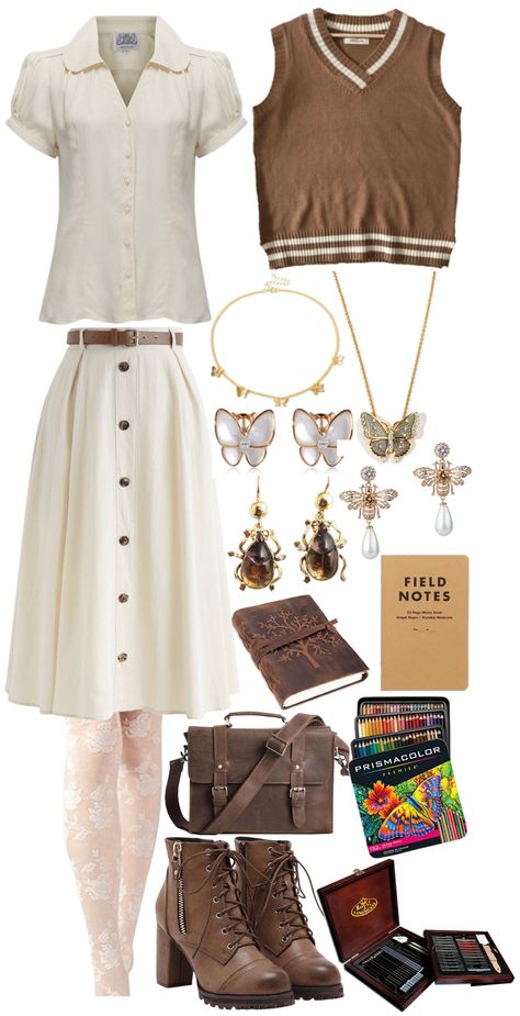 Light Academia — Etymologist outfit ideas | Y2k Academia Outfit, Lampcore Outfit, Light Fairycore Aesthetic Outfits, Light Academia Fits, Light Academia Outfit Women, Light Academia Summer Outfit, Art Academia Outfit, Light Academia Aesthetic Fashion, Romantic Academia Aesthetic Outfit