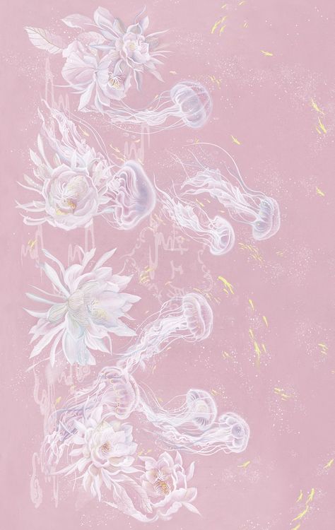 Silk Flower Jellyfish Lolita Prints Jellyfish Wallpaper Desktop, Pink Jellyfish Wallpaper, Flower Jellyfish, Lovely Wallpapers, Beachy Prints, Jellyfish Wallpaper, Mermaid Phone, Coquette Wallpaper, Pink Jellyfish
