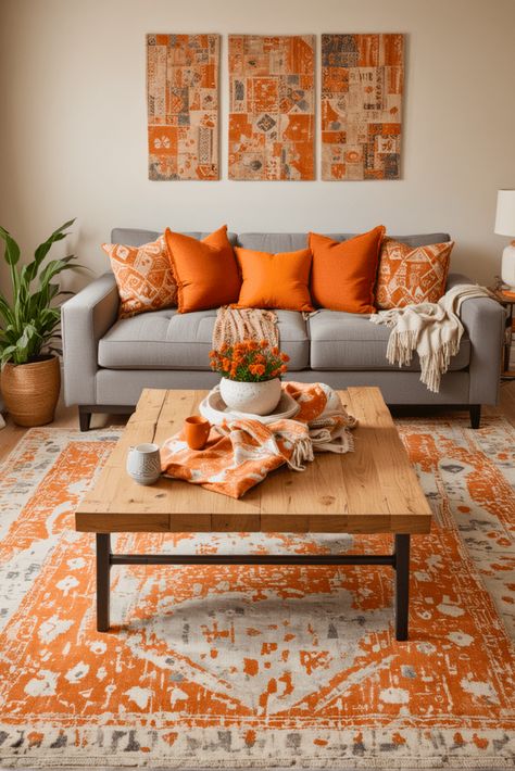 25 Orange Living Room Decor Ideas You Need to Try – The Crafty Hacks Burnt Orange And Blue Living Room, Yellow Orange Living Room, Mediterranean Living Room Inspiration, Living Room With Orange Accents, Orange And Grey Living Room Decor, Orange Living Room Decor Ideas, Orange And Blue Decor, Orange Living Room Decor, Decorating With Orange