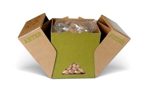 A package design inspired by its content!  The box is opened by pulling apart the two sides of the box, much the same way as a pistachio nut is opened.  The Cardboard Food, Pistachio Nut, Corrugated Packaging, Egg Packaging, Food Boxes, Luxury Packaging Design, Packaging Template Design, Fruit Packaging, Packaging Template