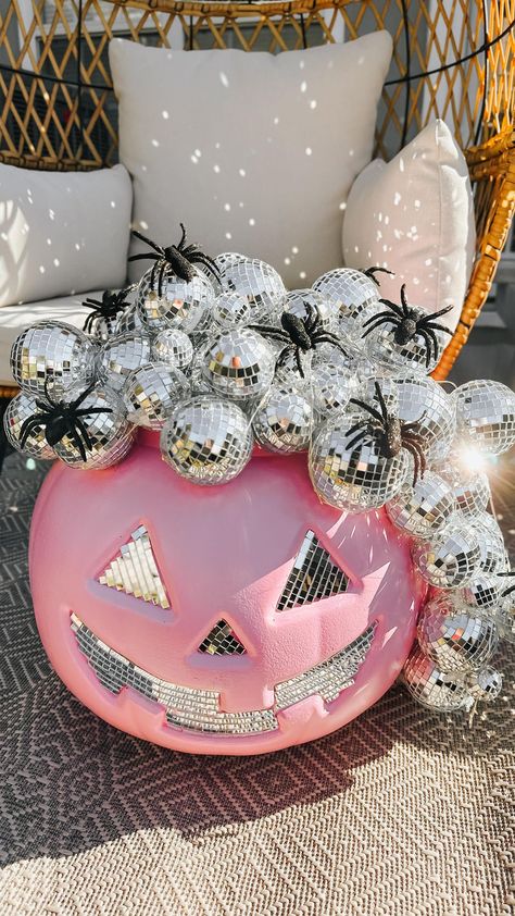 Before & After of this Walmart Jack-o-lantern 🎃✨🪩 Would you try this Pink Pumpkin Disco DIY? Tag me if you do! #pink #pinkaesthetic… | Instagram Pink Halloween Decor Outdoor, Disco Ball Pumpkin Diy, Chic Diy Halloween Decor, Halloween Decorations Preppy, Spooky Cute Halloween Decor, Pink Halloween Table Decor, Checkered Halloween Decor, Disco Ball Halloween Decor, Halloween Glam Decor