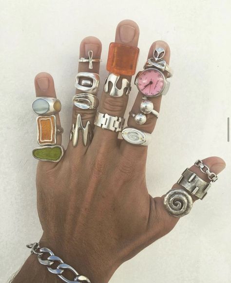 Rings On Hand, Chunky Silver Jewellery, Chunky Silver Bracelet, Instagram Ring, Funky Rings, Chunky Silver Rings, Preppy Jewelry, Chunky Jewelry, Dope Jewelry